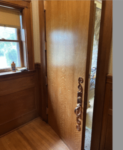 The indoor side of the door.